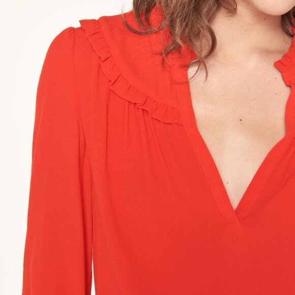 ba&sh | Thalgo Ruffle Yoke Plunging V-Neck Popover Top in Grenadine Red Size M - Picture 16 of 16